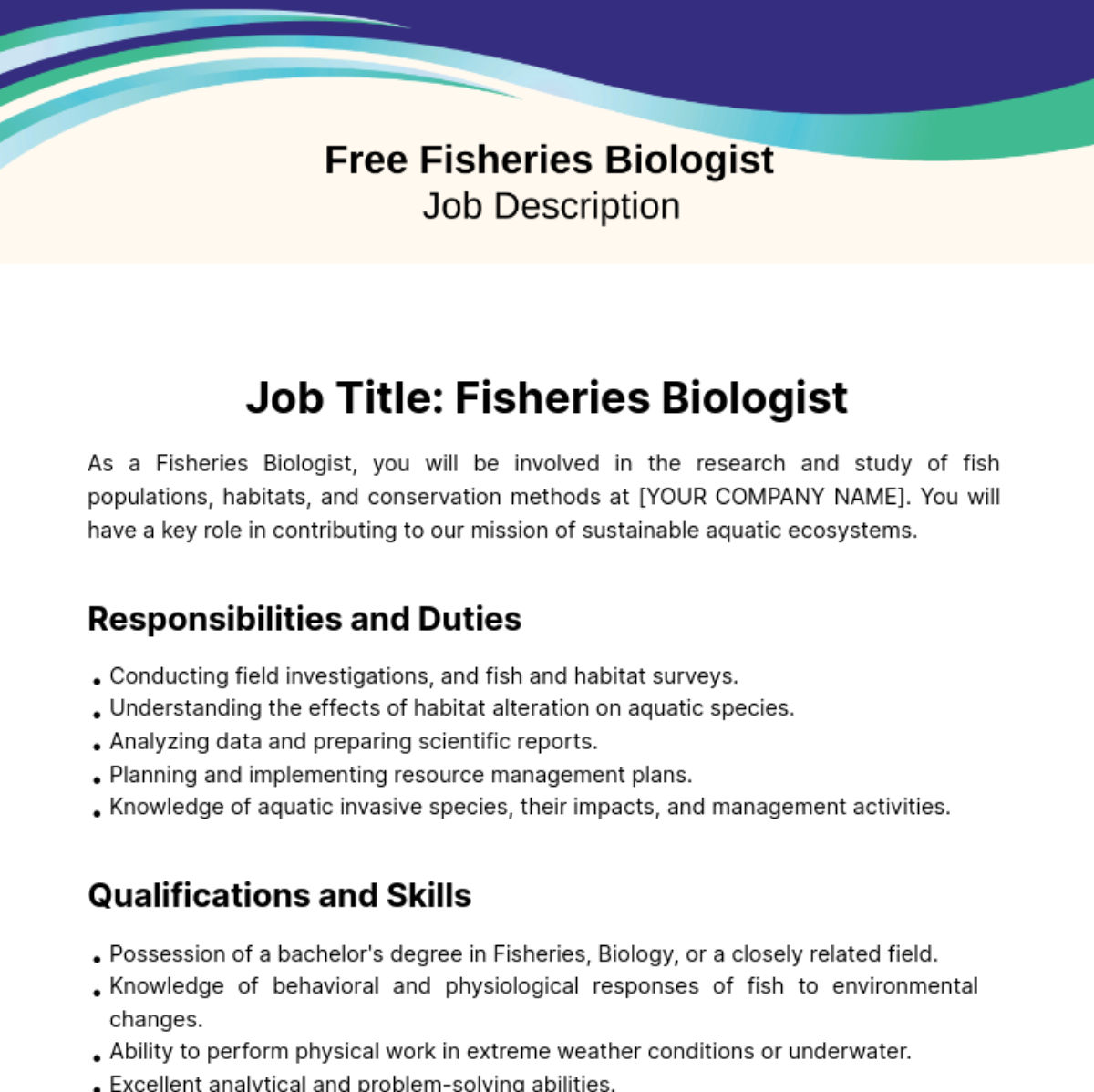 Free Fisheries Biologiest Job Description Template