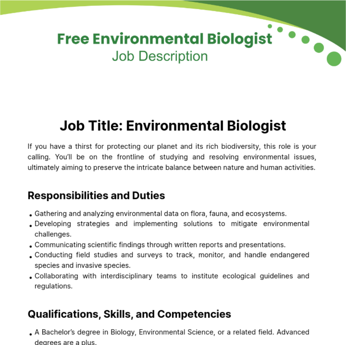 Free Environmental Biologiest Job Description Template