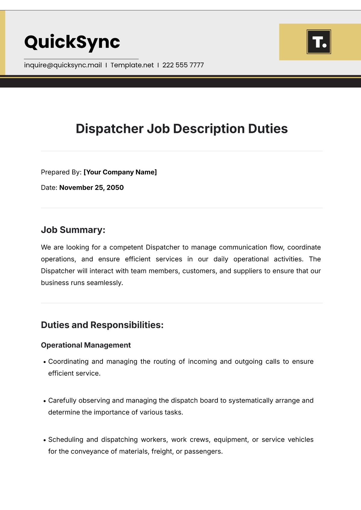 Dispatcher Job Description Duties Template - Edit Online & Download