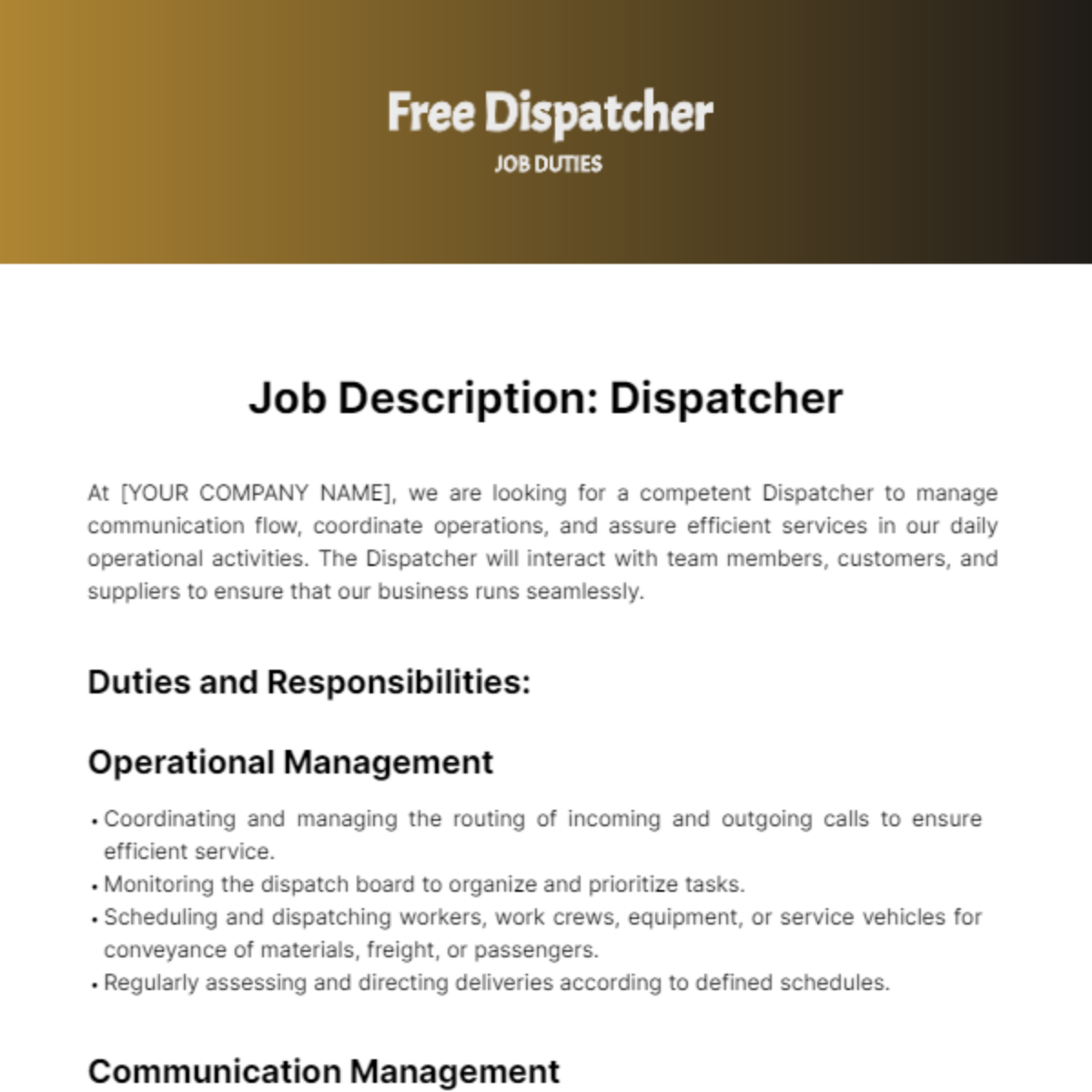 Dispatcher Job Duties Template