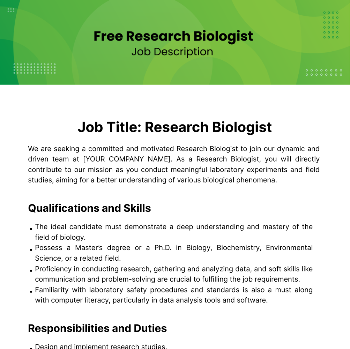 Free Research Biologist Job Description Template