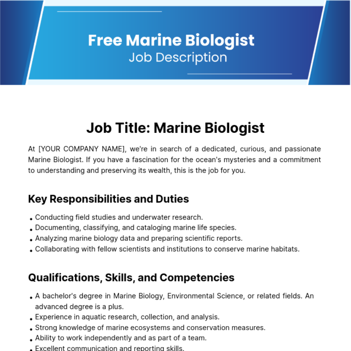 Marine Biologist Job Description Template