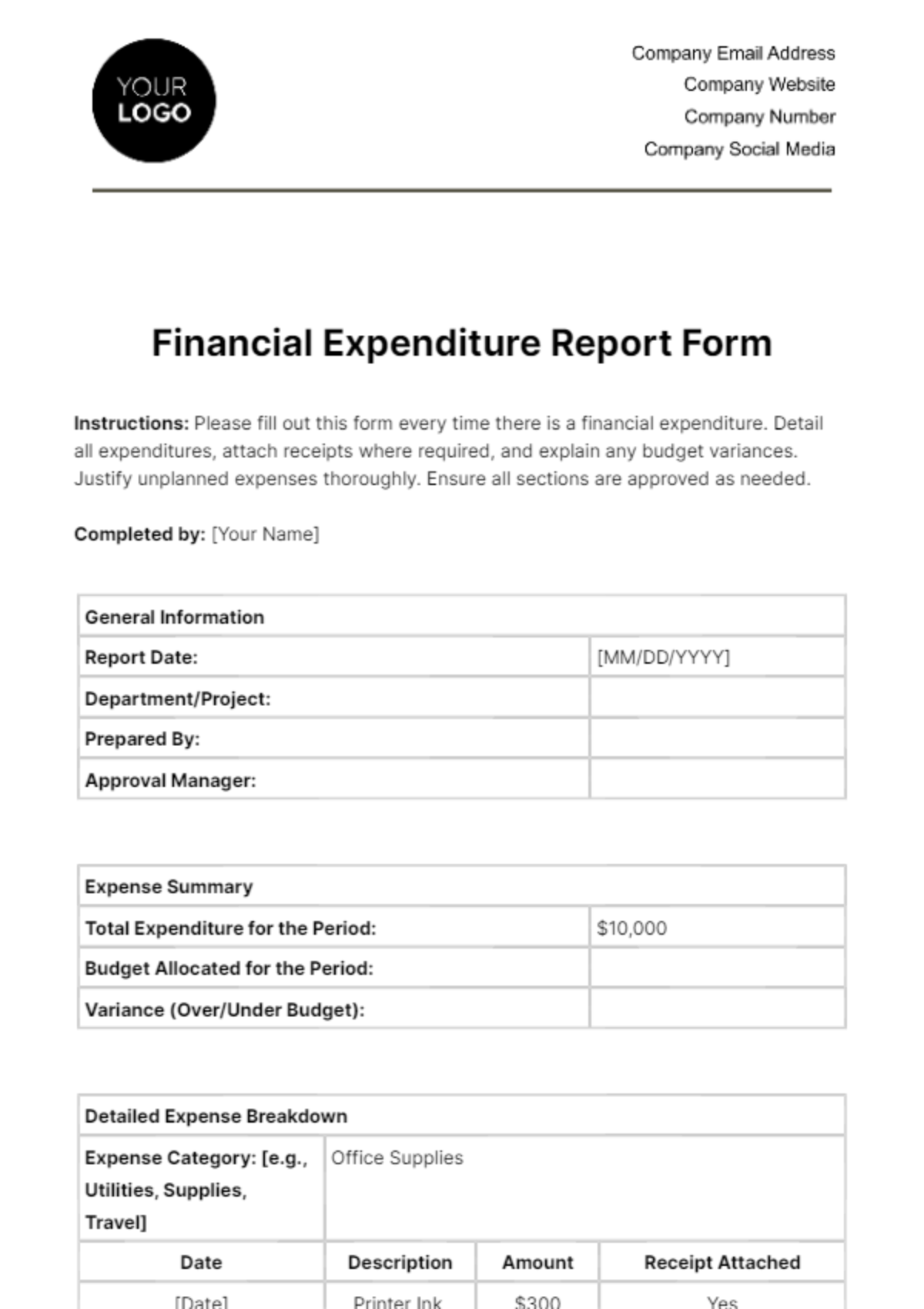 Free Financial Expenditure Report Form Template