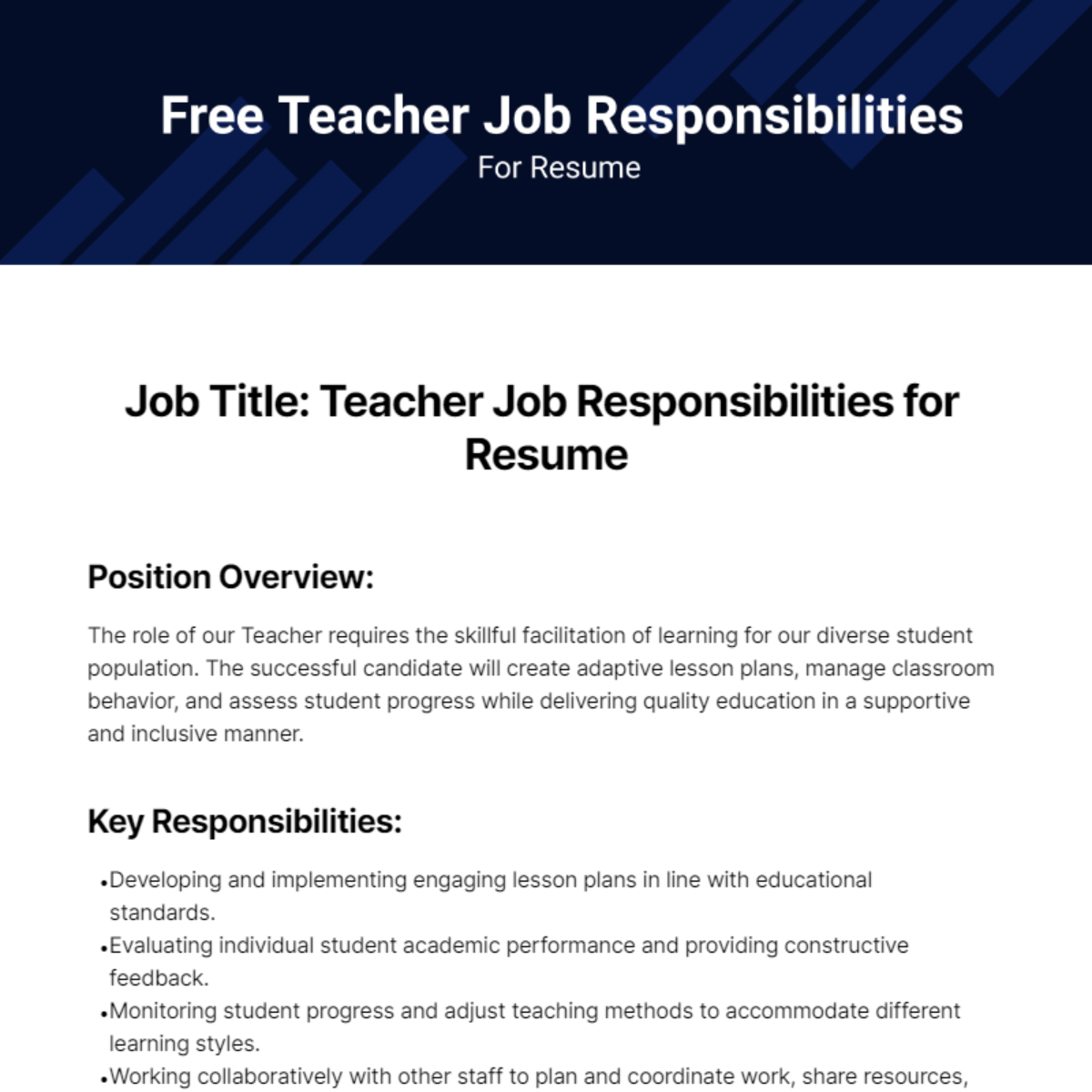 Free Teacher Job Responsibilities for Resume Template