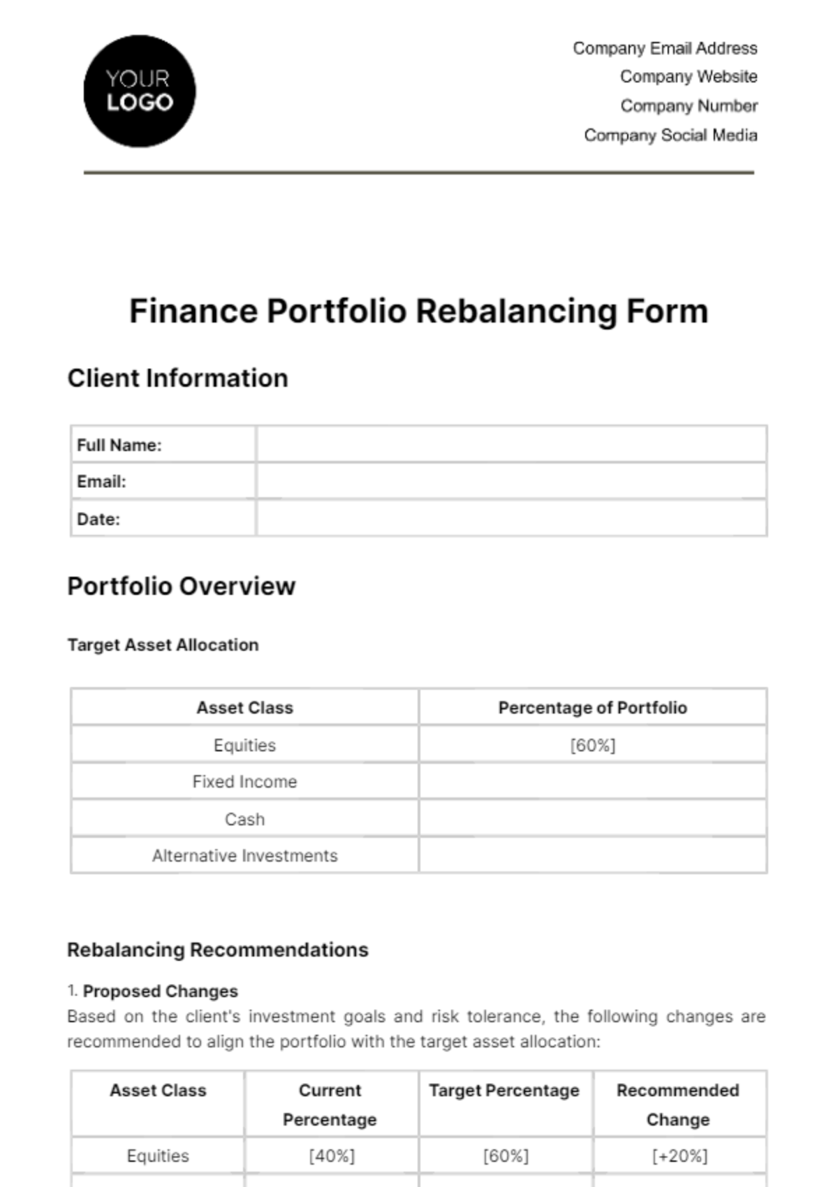 Free Finance Portfolio Rebalancing Form Template