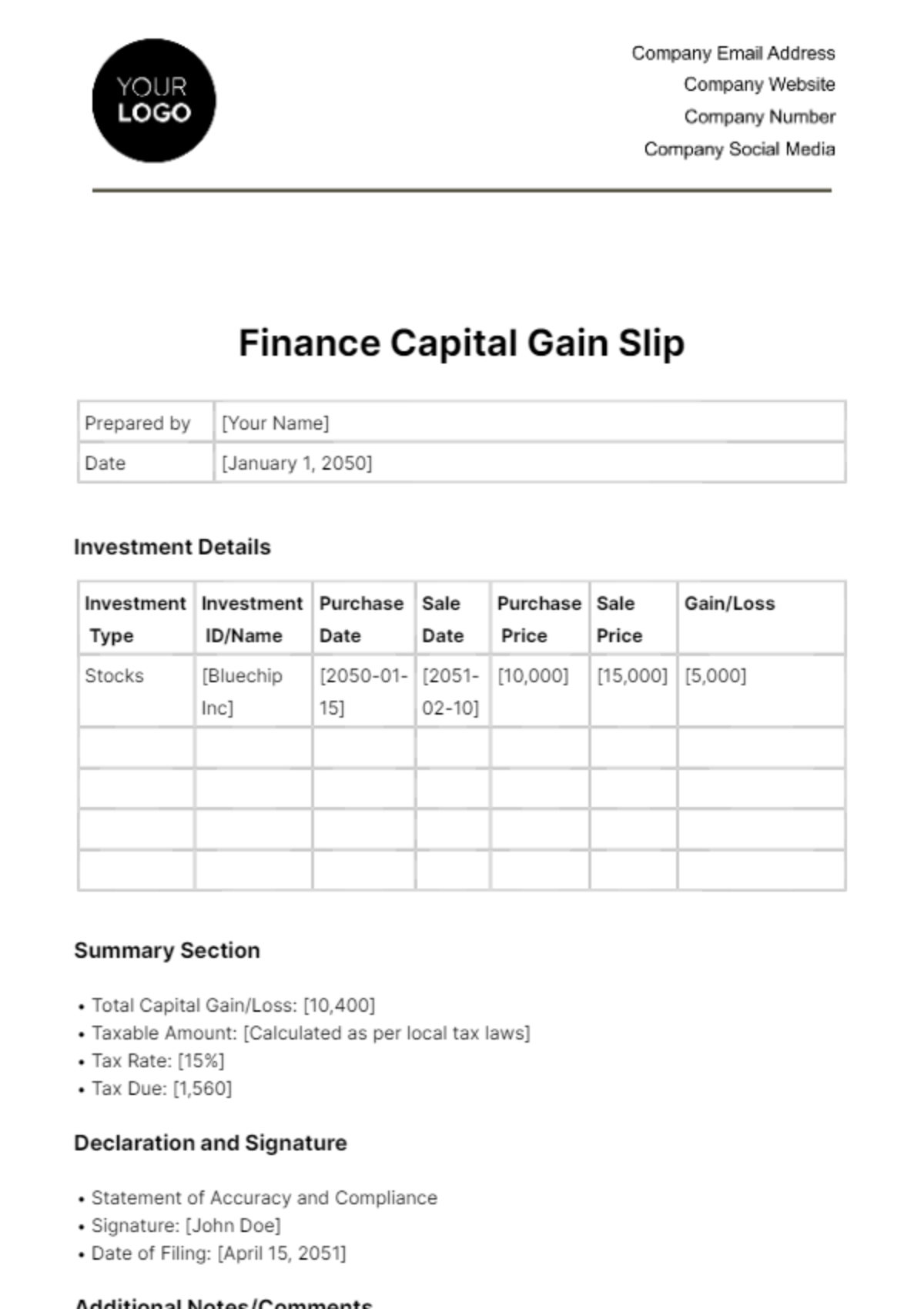 Finance Capital Gain Slip Template