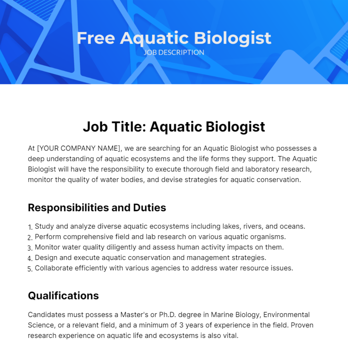 Free Aquatic Biologist Job Description Template