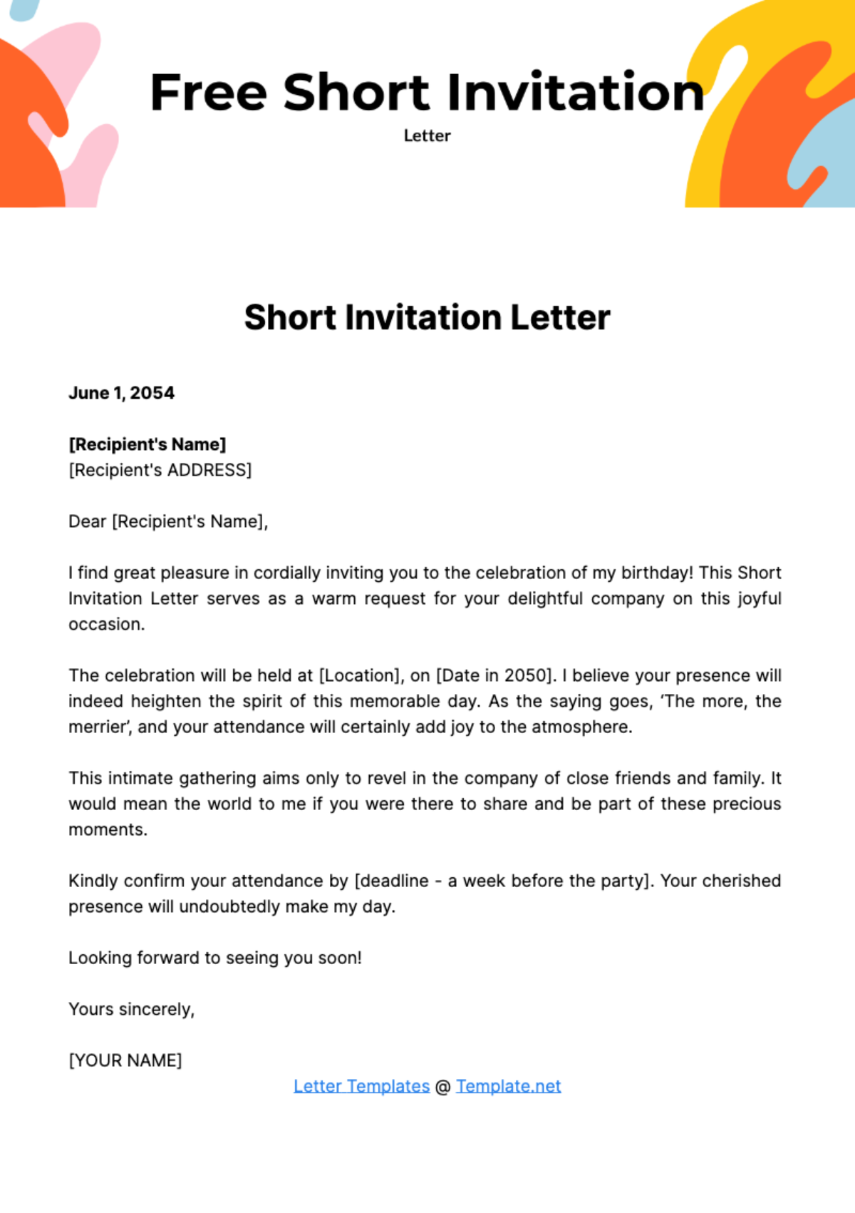 Free Short Invitation Letter Template