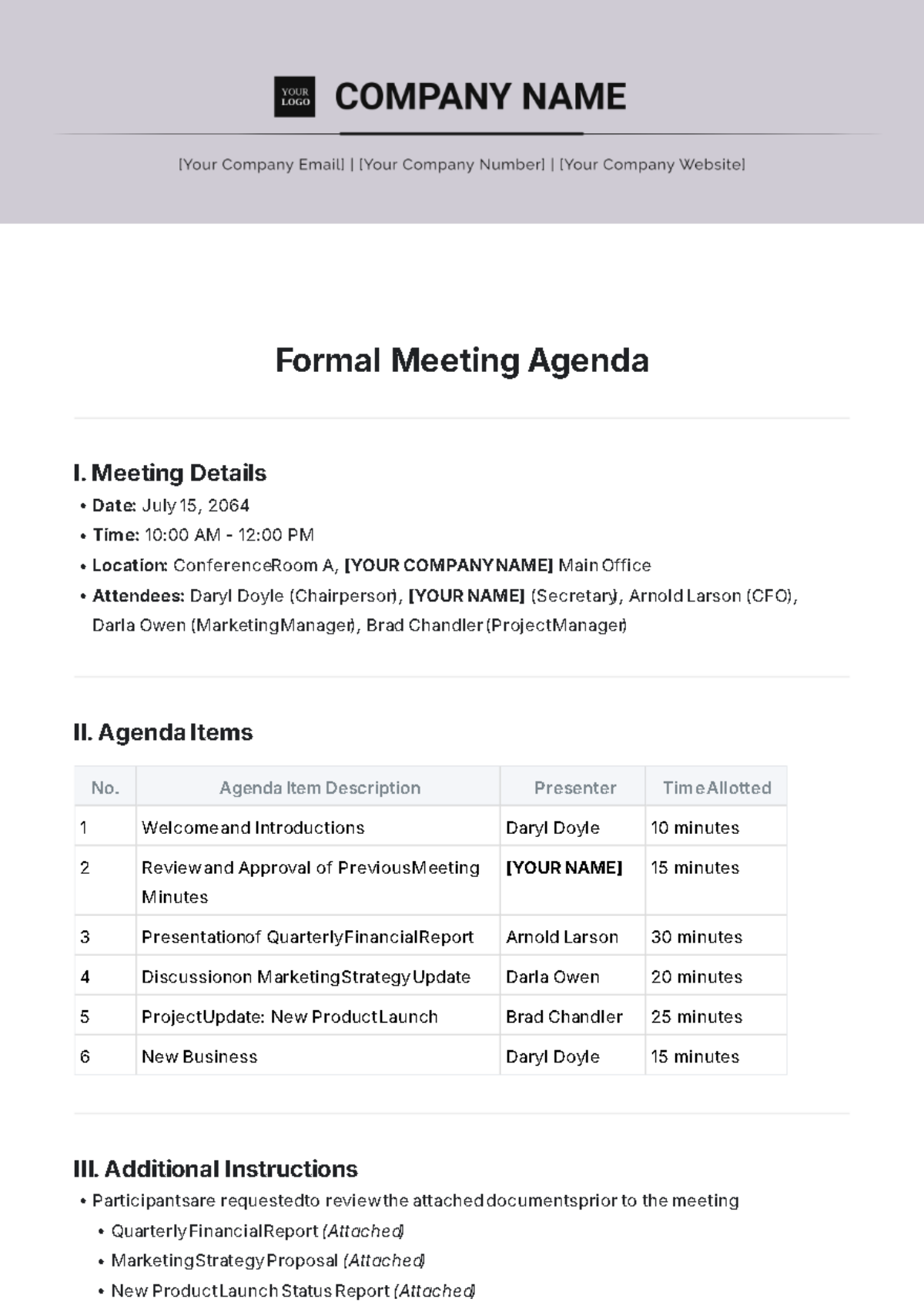 Formal Meeting Agenda Template - Edit Online & Download