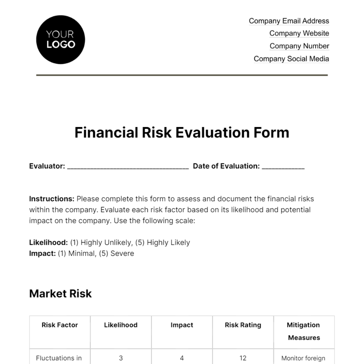 Free Financial Risk Evaluation Form Template
