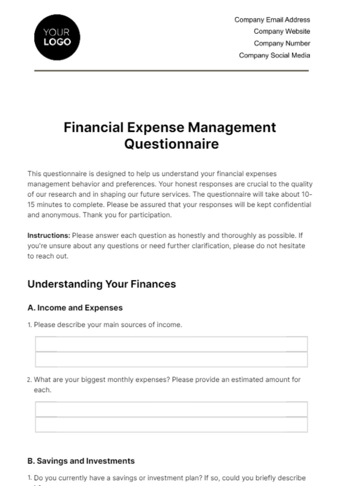 Financial Expense Management Questionnaire Template