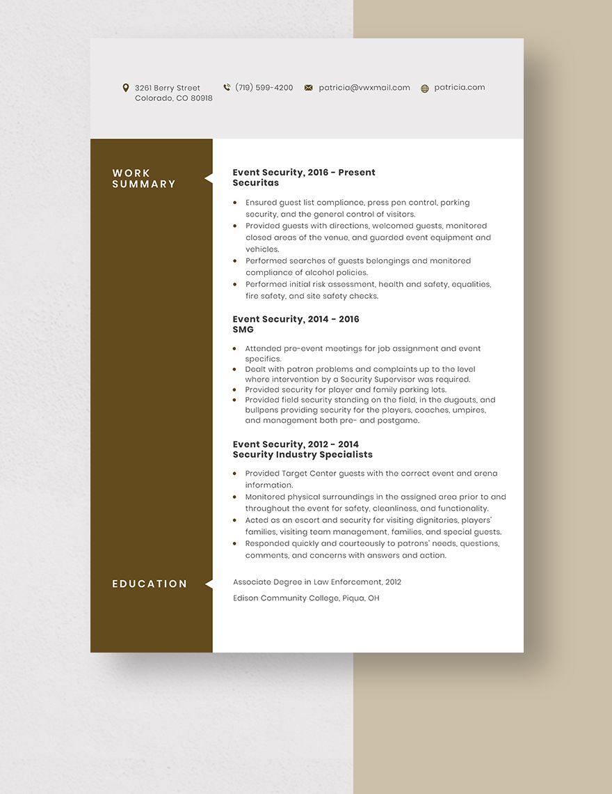 Event Security Resume