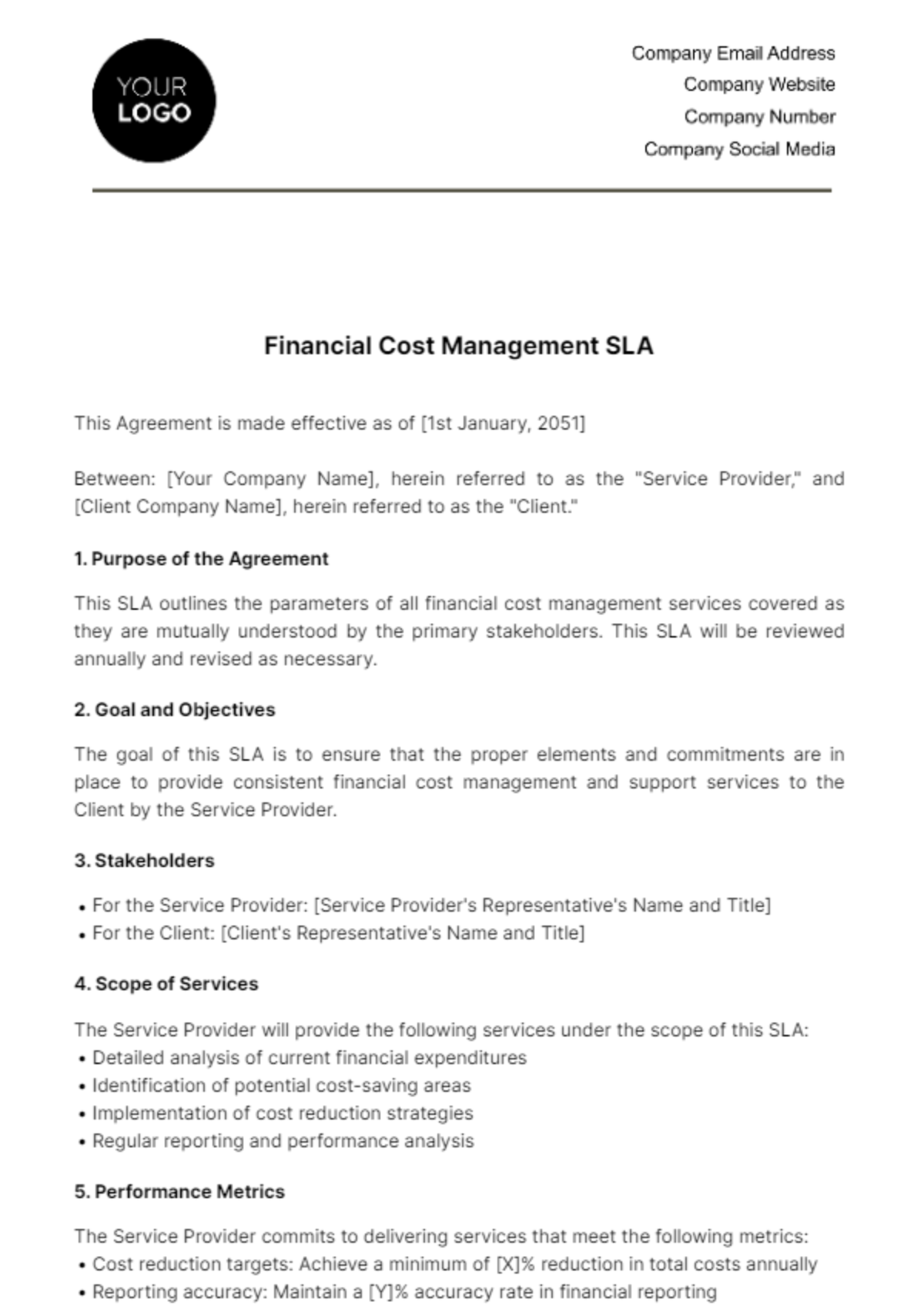 Free Financial Cost Management SLA Template
