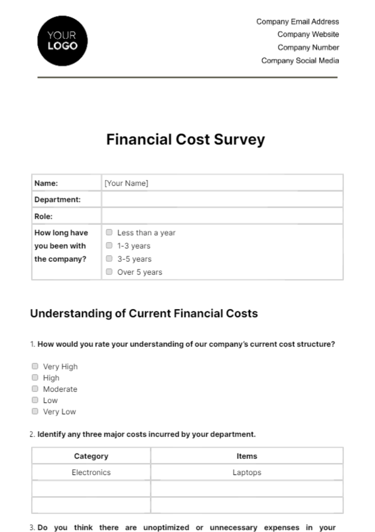 Free Financial Cost Survey Template