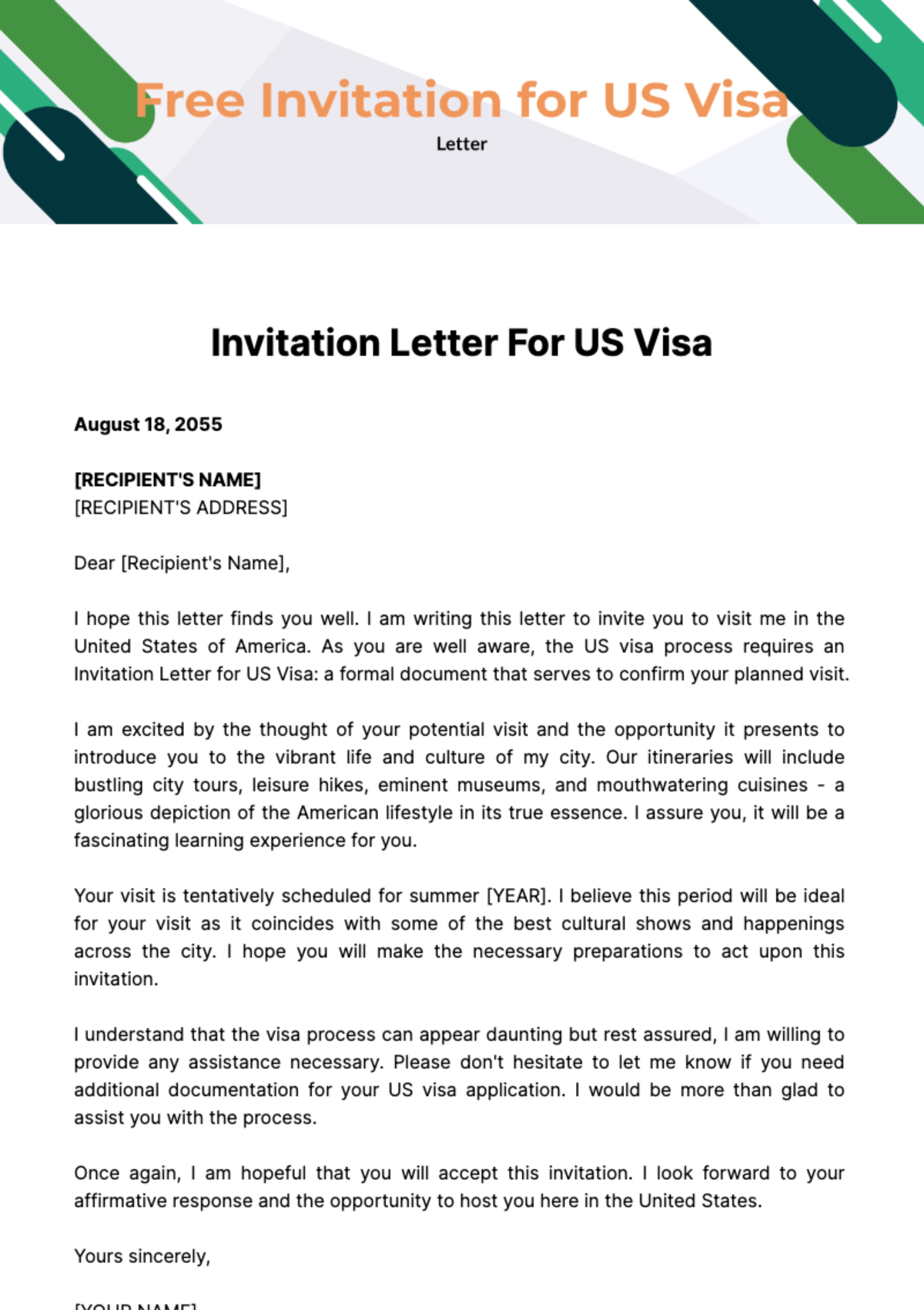 Free Invitation Letter for US Visa Template