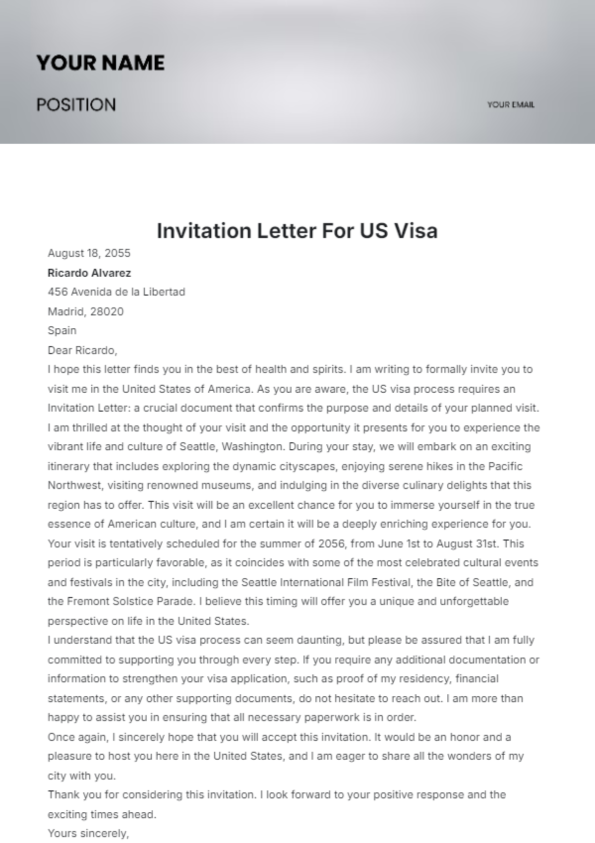 Invitation Letter for US Visa Template