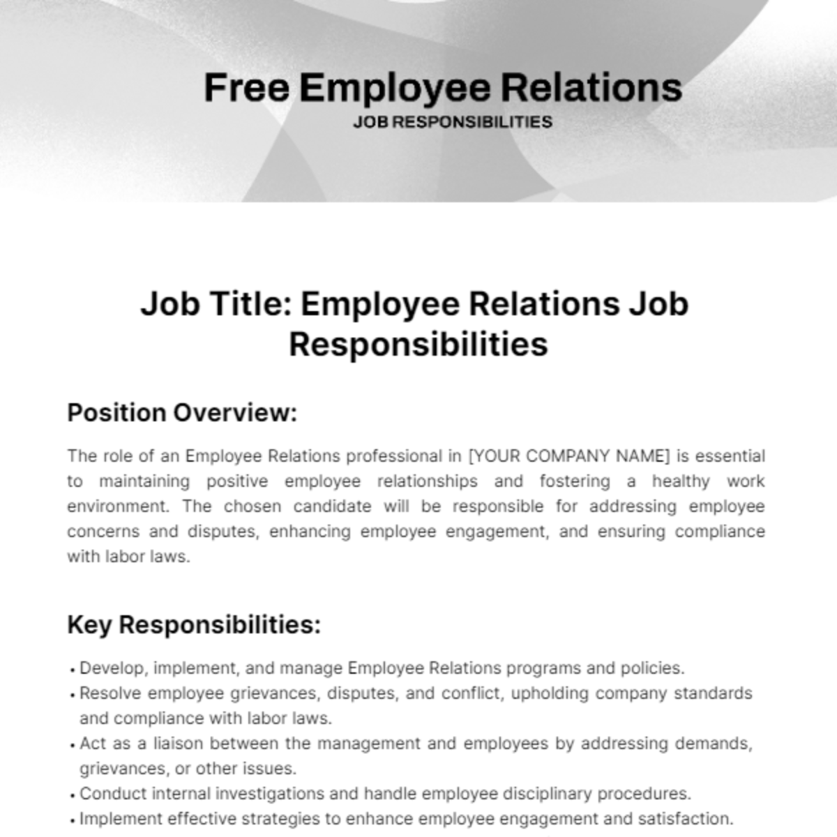 Employee Relations Job Responsibilities Template