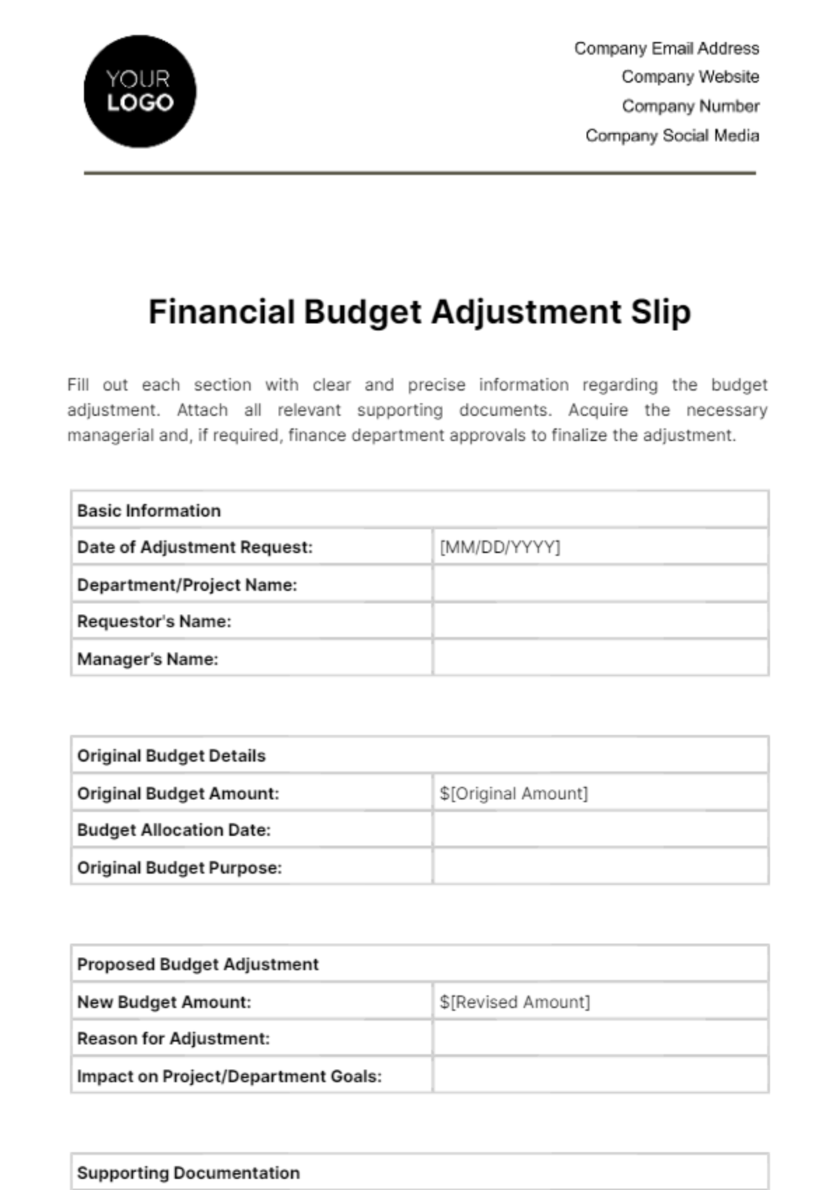 Financial Budget Adjustment Slip Template