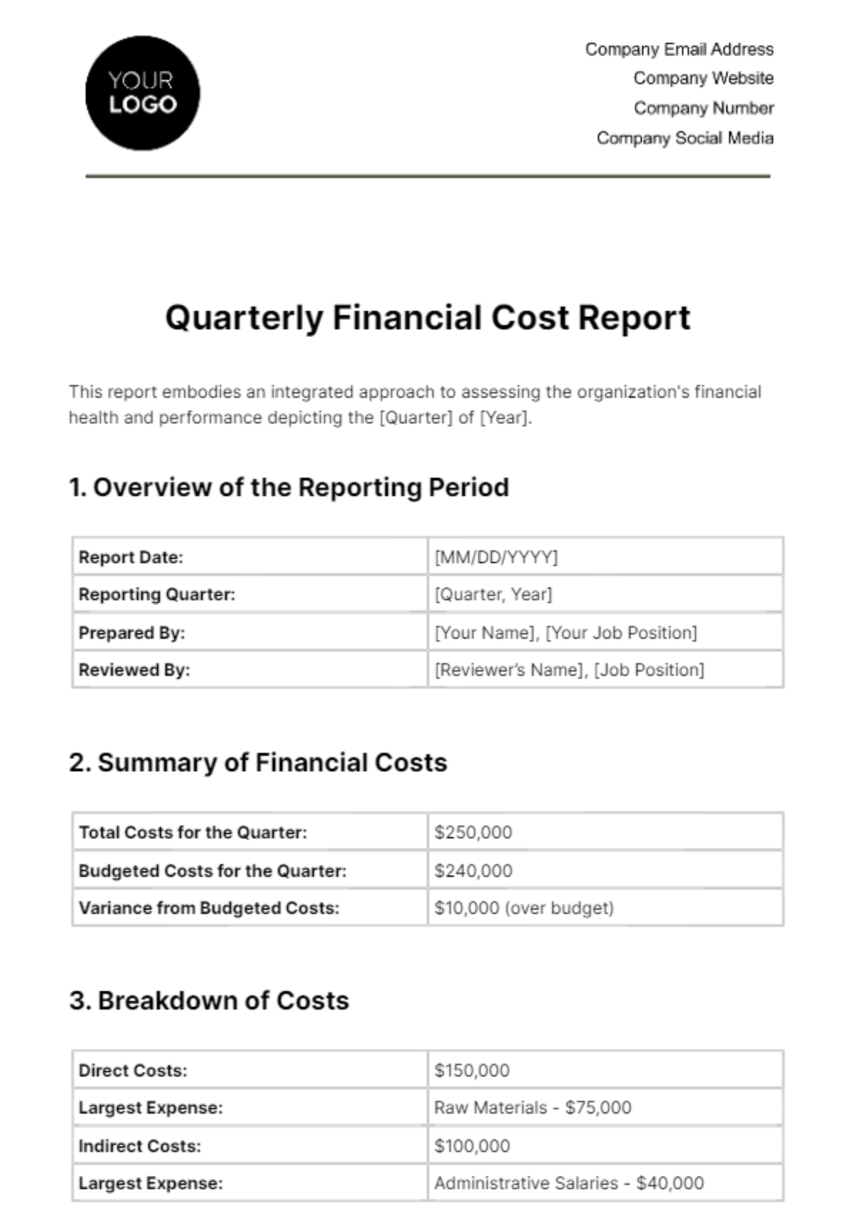 Free Quarterly Financial Cost Report Template