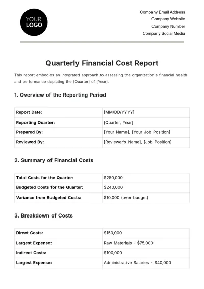 Free Quarterly Financial Cost Report Template to Edit Online