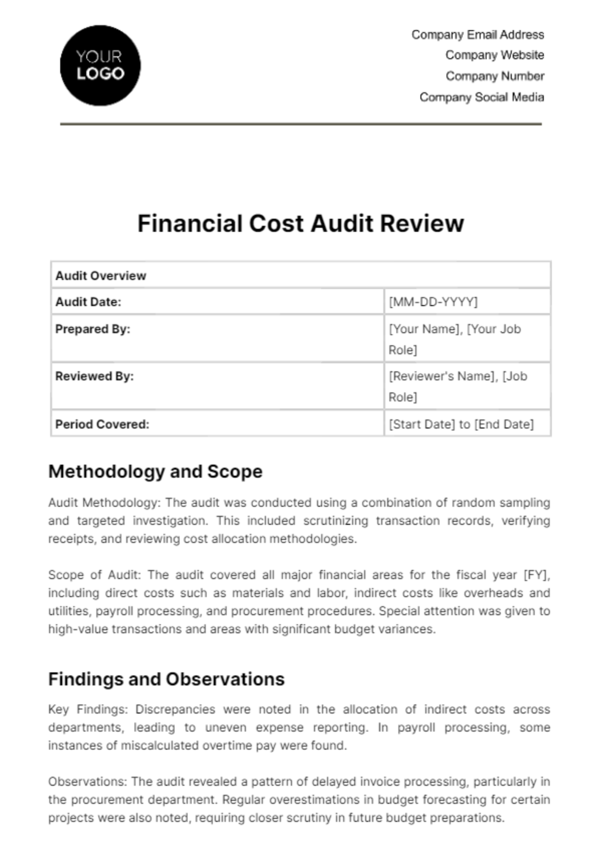 Financial Cost Audit Review Template
