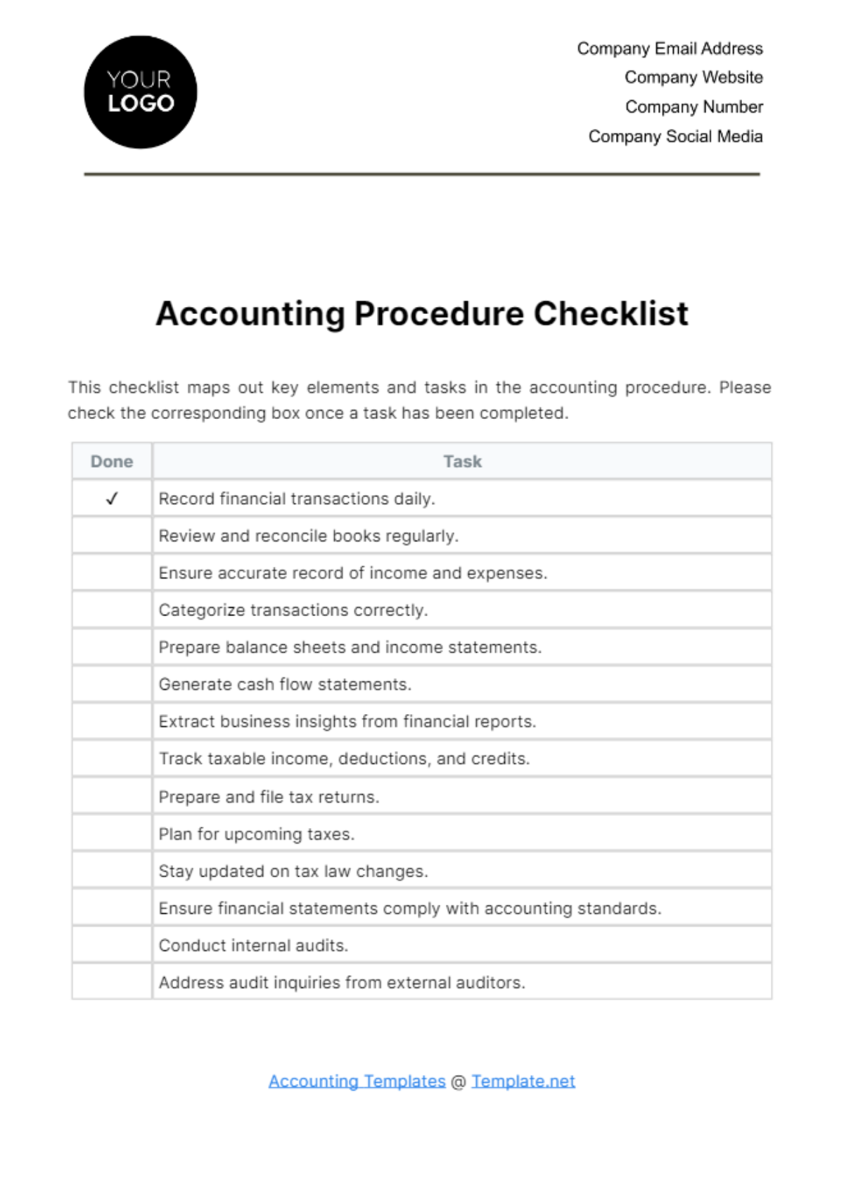 Accounting Procedure Checklist Template