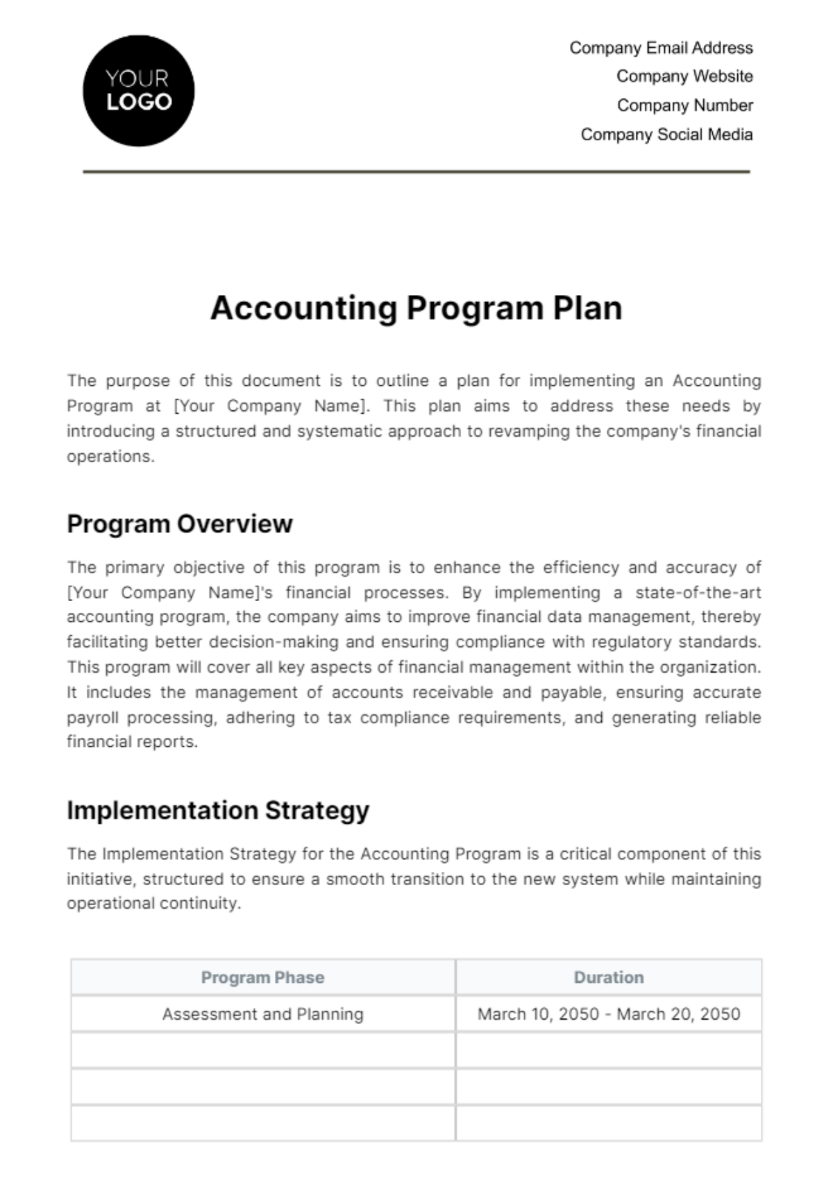 Free Accounting Program Plan Template