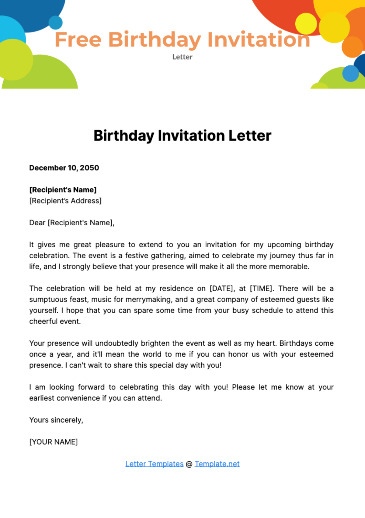 Free Birthday Invitation Letter Template