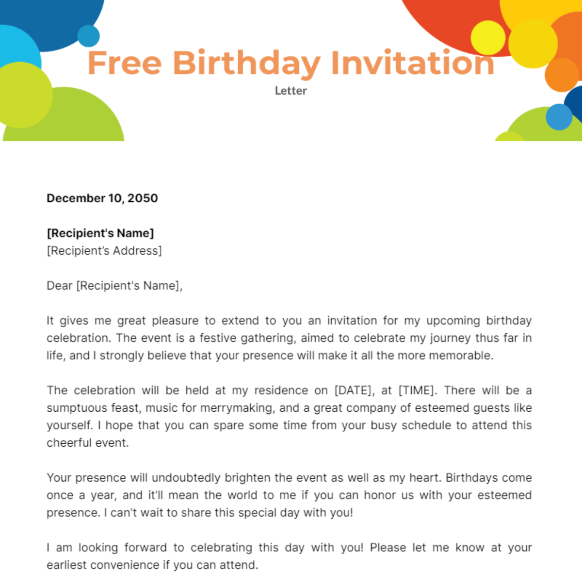 Birthday Invitation Letter Template