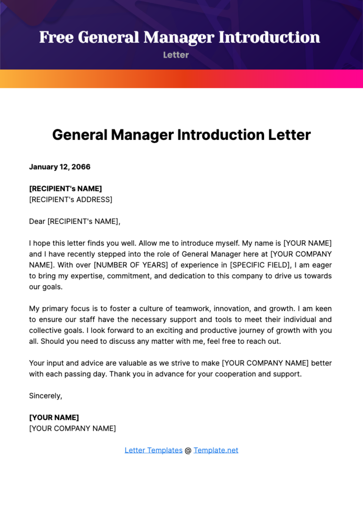 Free General Manager Introduction Letter Template