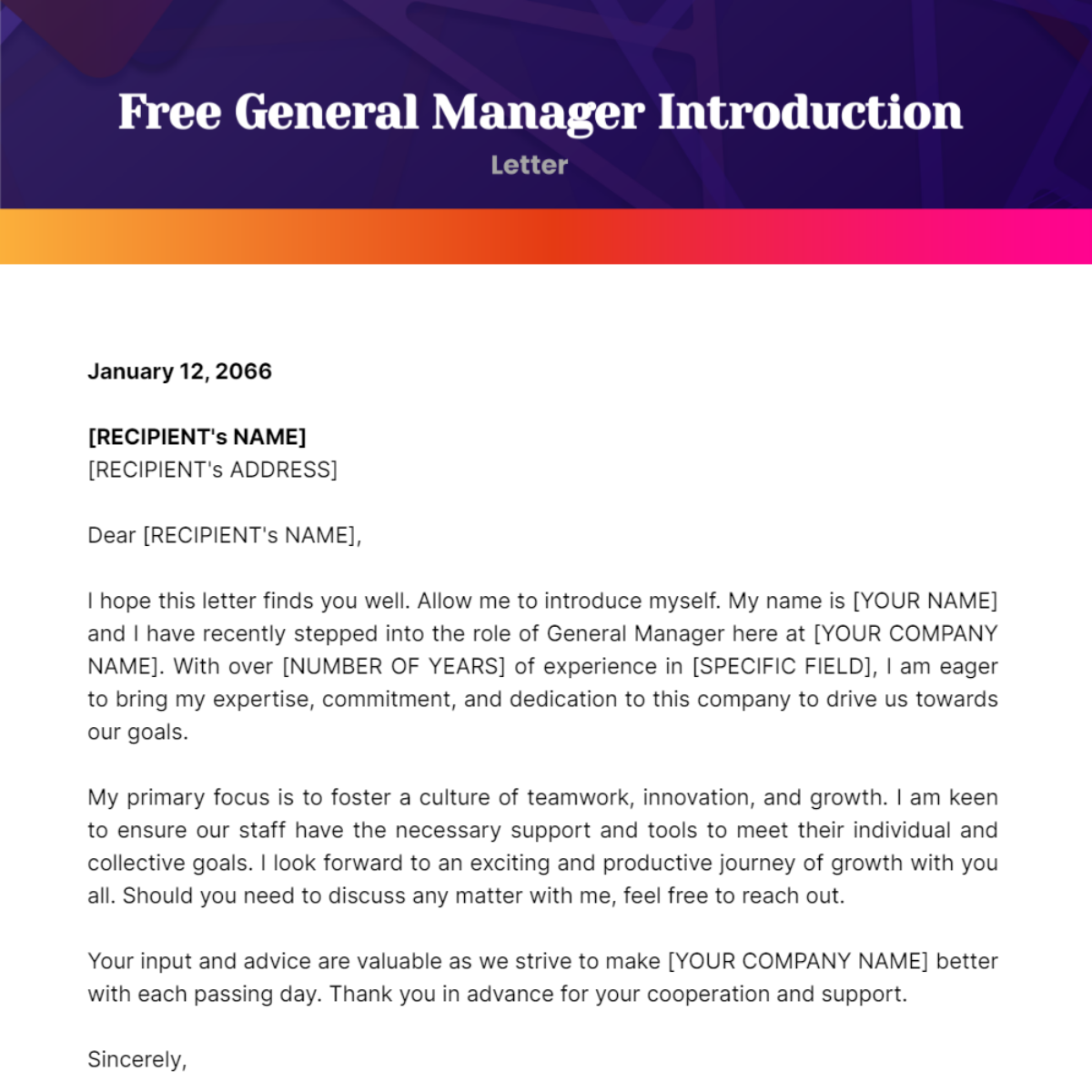 General Manager Introduction Letter Template