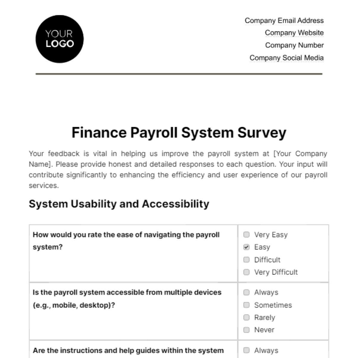 Finance Payroll System Survey Template