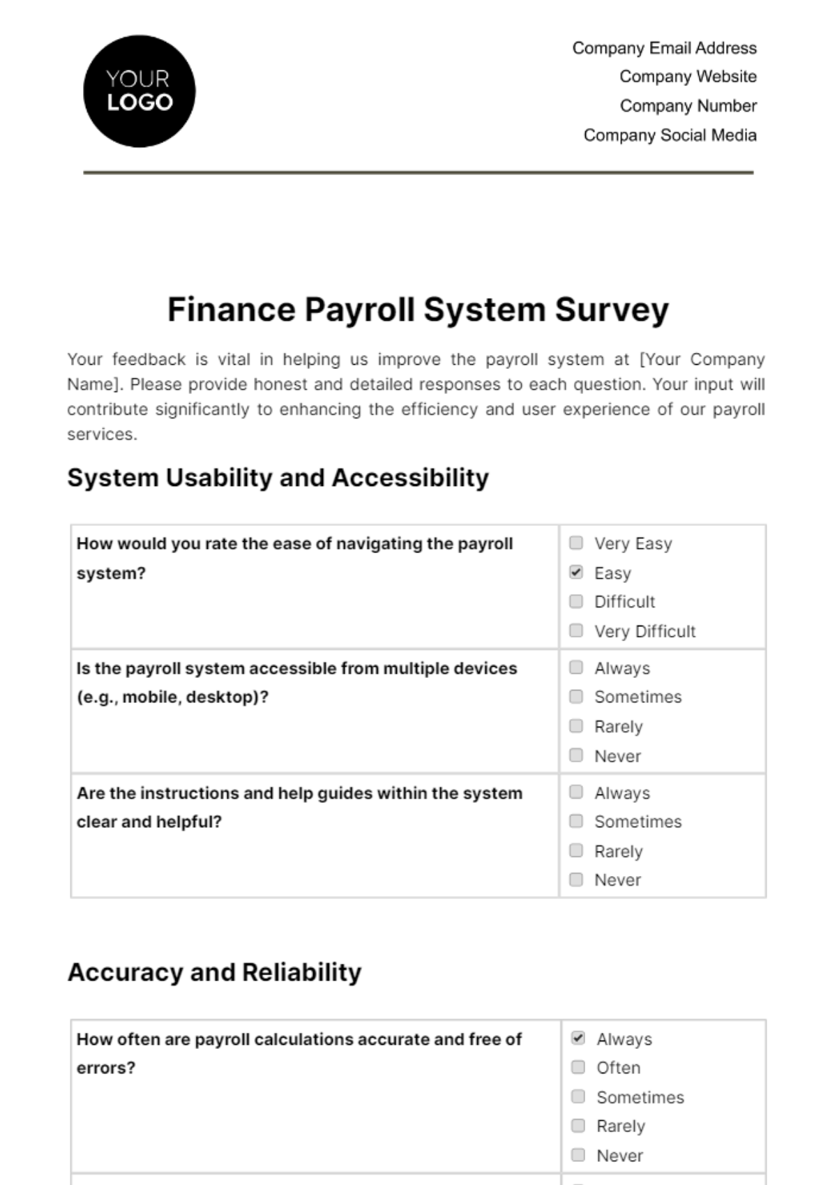 Finance Payroll System Survey Template