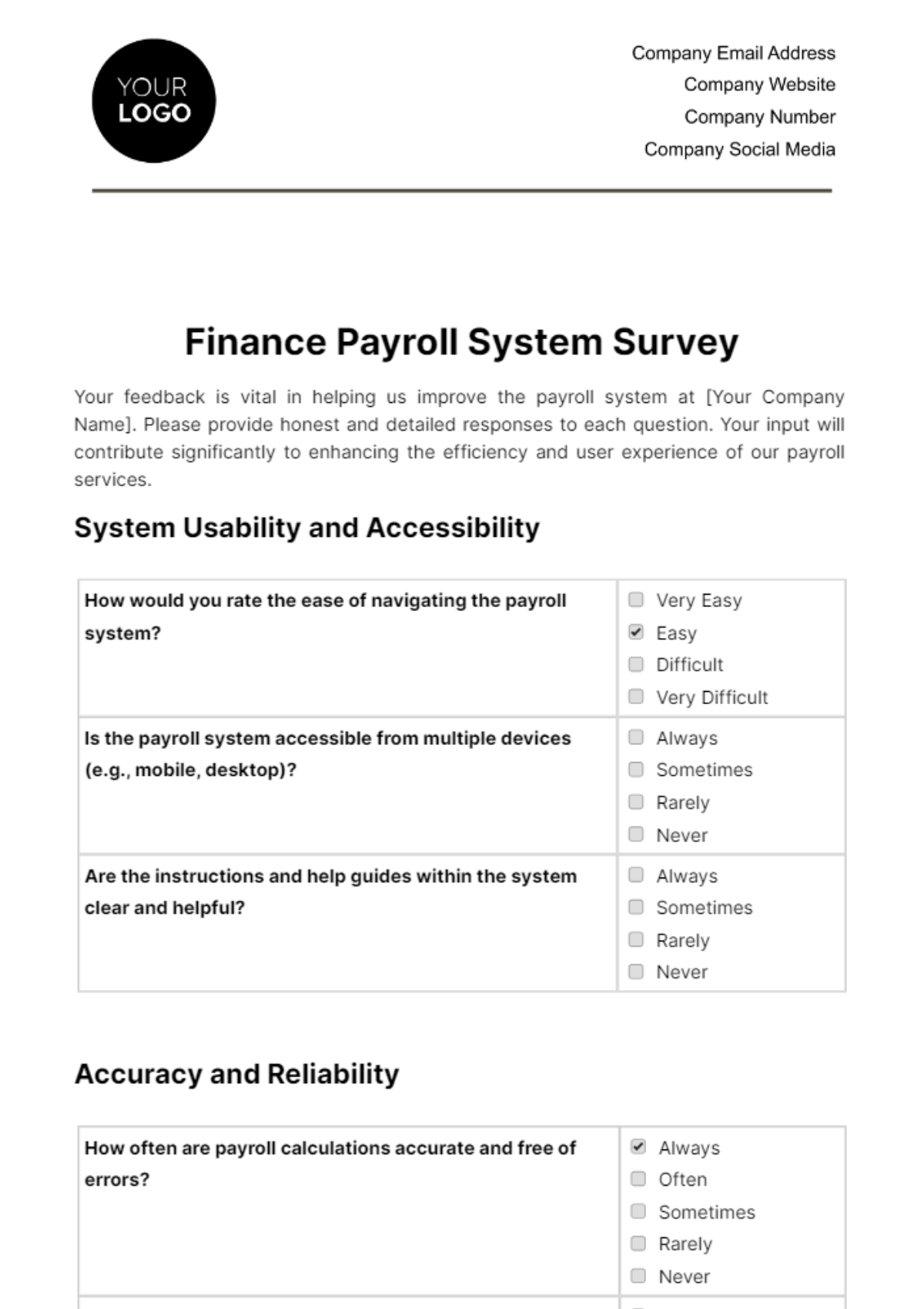 Finance Payroll System Survey Template - Edit Online & Download