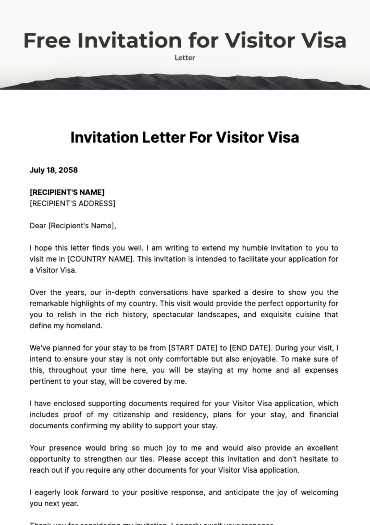 Free Invitation Letter for Visitor Visa Template