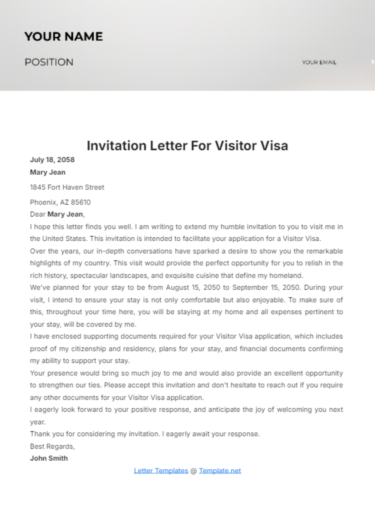 Invitation Letter for Visitor Visa Template