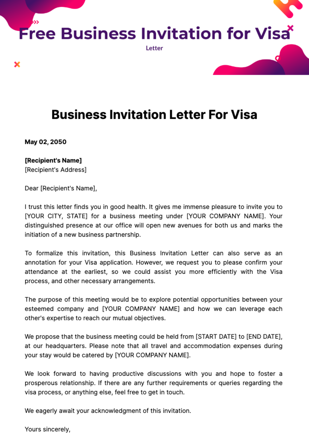 Free Business Invitation Letter for Visa Template