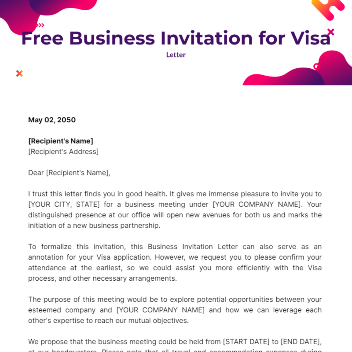 Business Invitation Letter for Visa Template