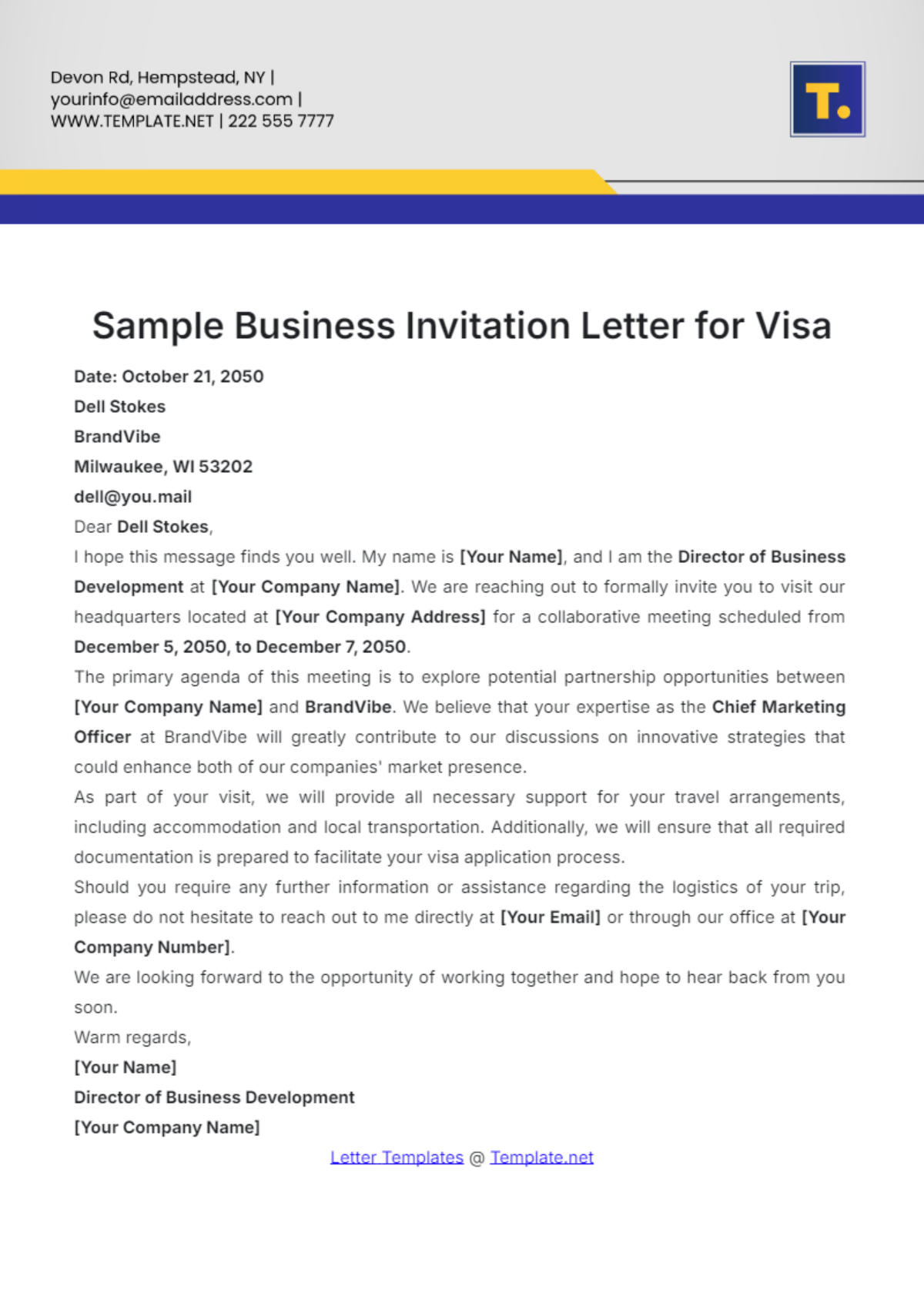 Free Business Invitation Letter for Visa Template