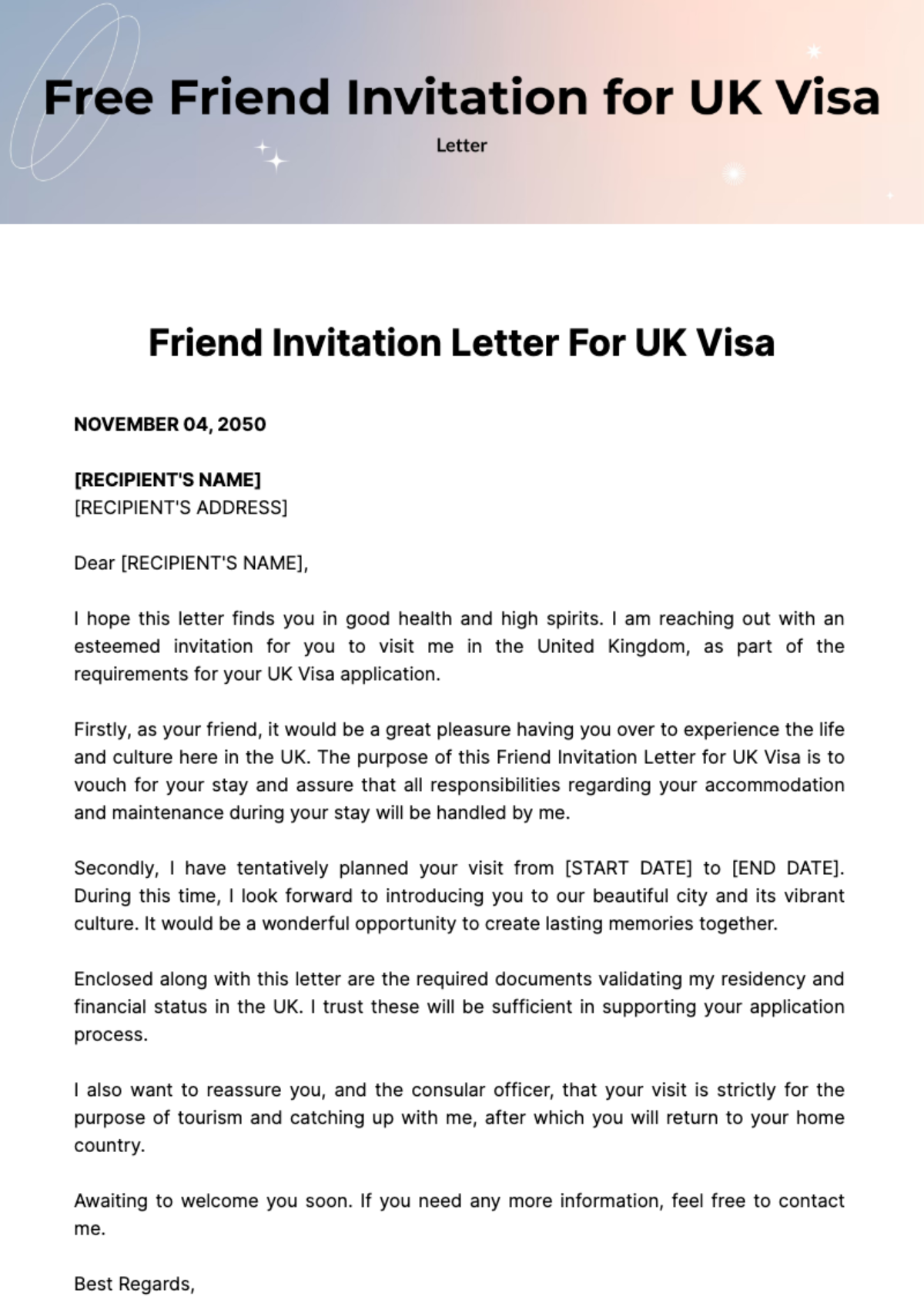 Free Friend Invitation Letter for UK Visa Template