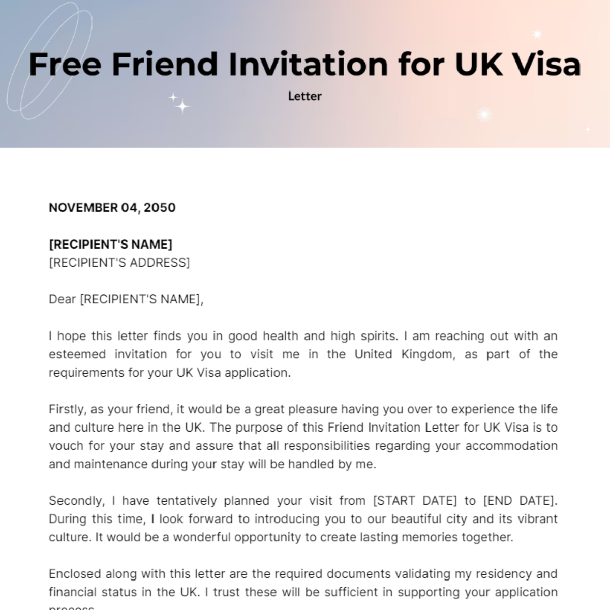 Friend Invitation Letter for UK Visa Template