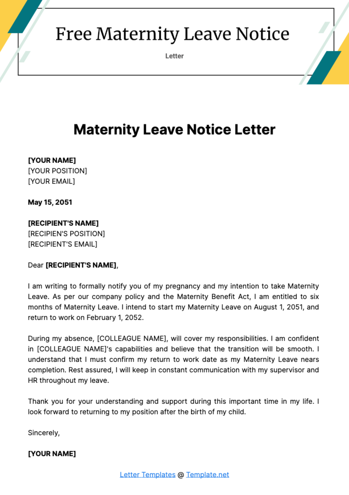 Free Maternity Leave Notice Letter Template