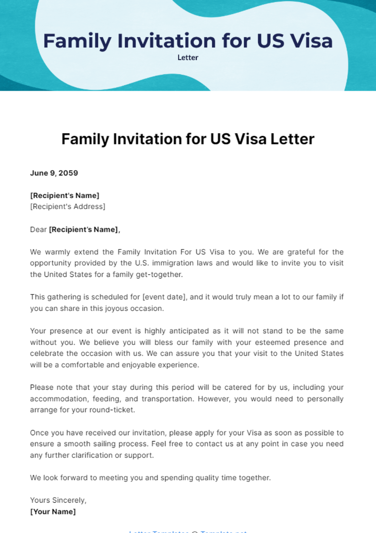 Free Family Invitation for US Visa Template