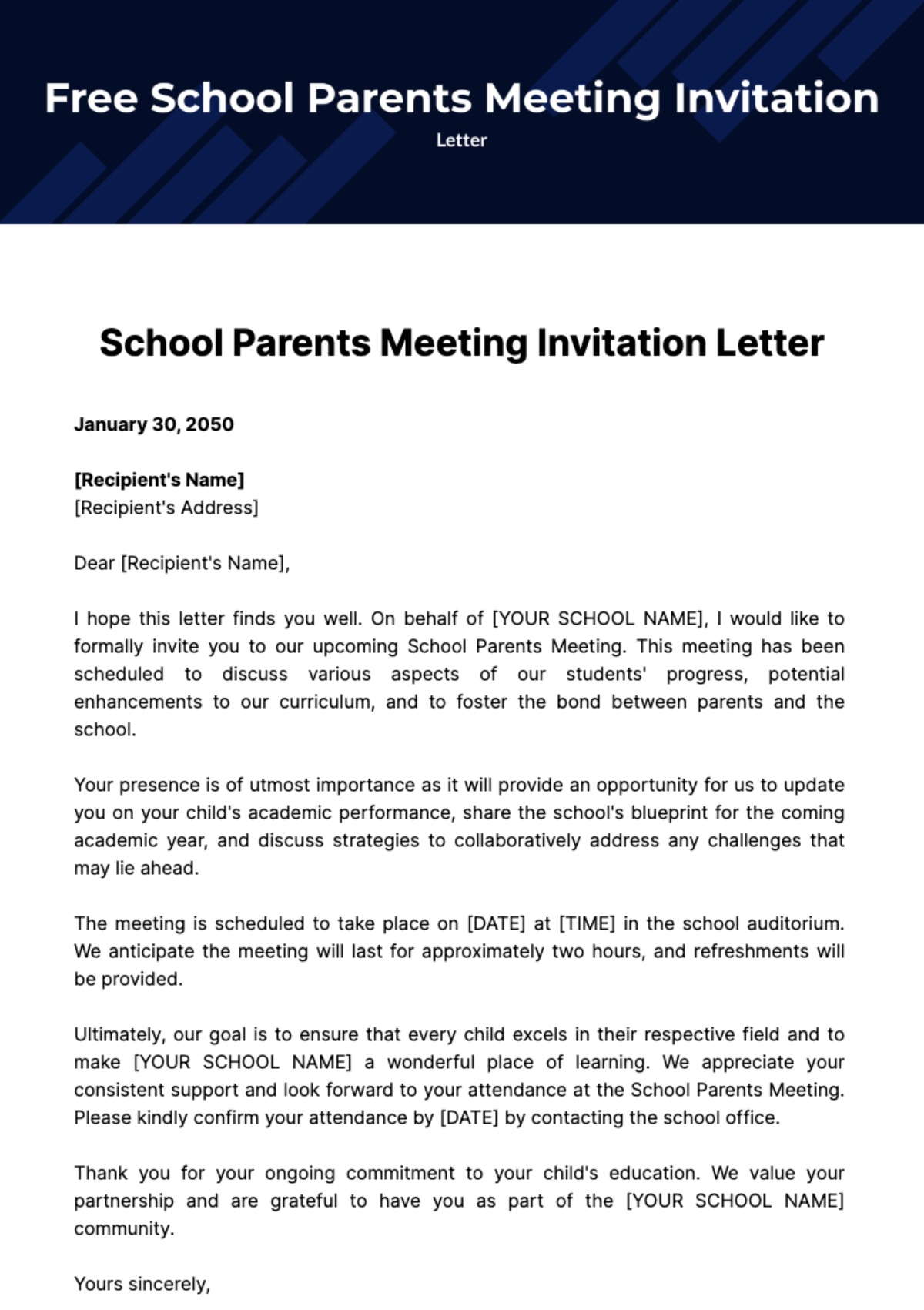 Free School Parents Meeting Invitation Letter Template