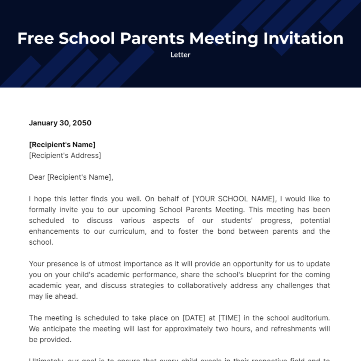 School Parents Meeting Invitation Letter Template