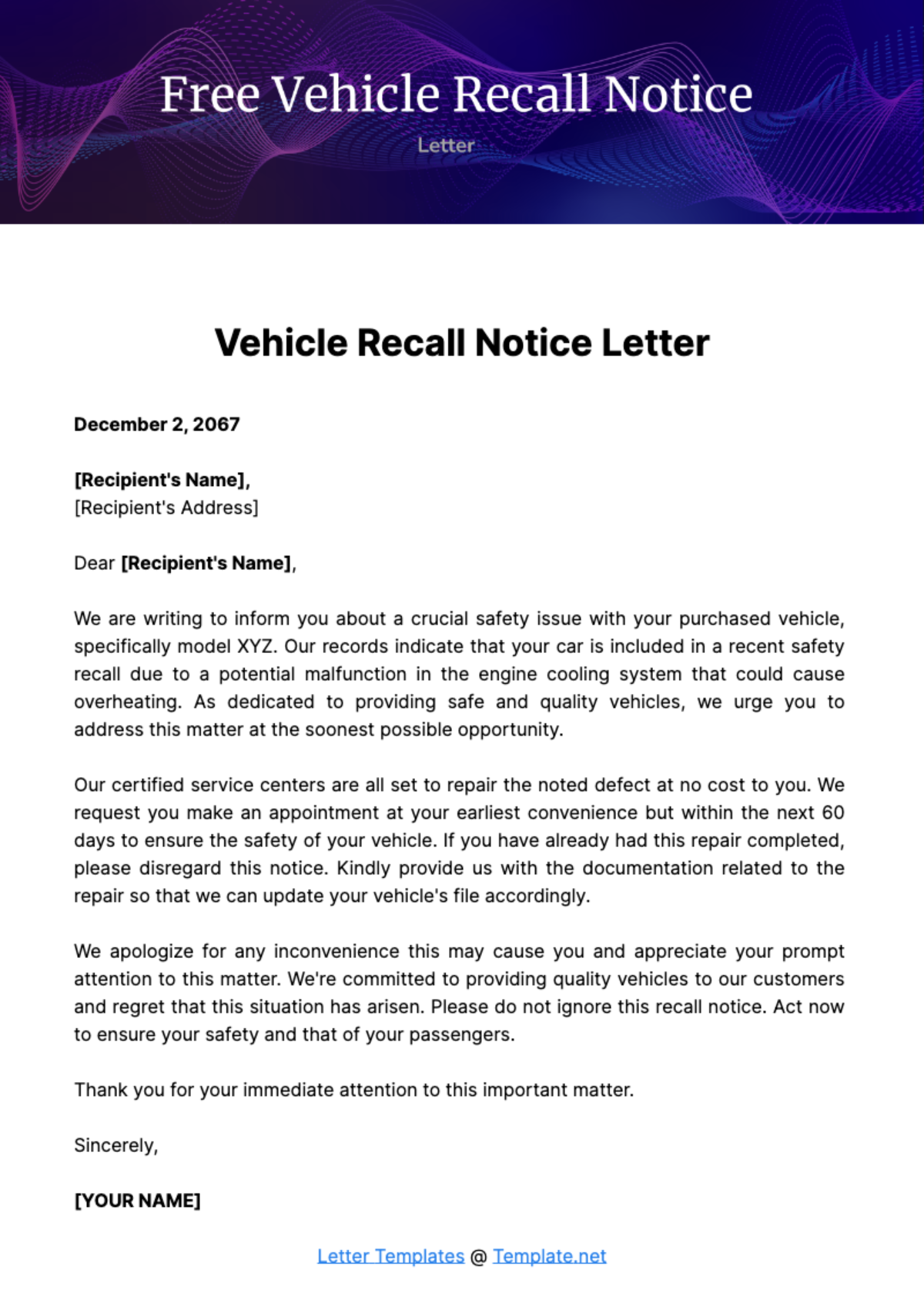 Free Vehicle Recall Notice Letter Template