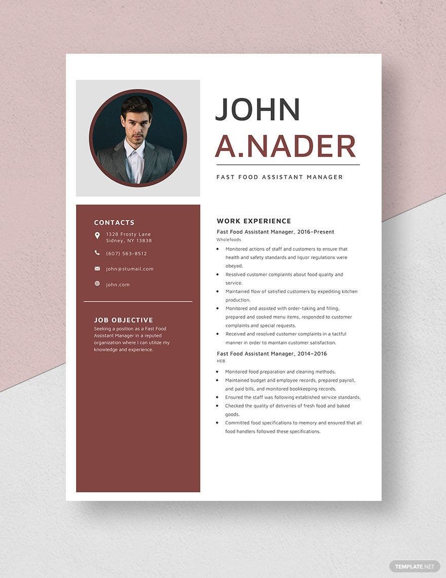 Free Fast Food Assistant Manager Resume Template