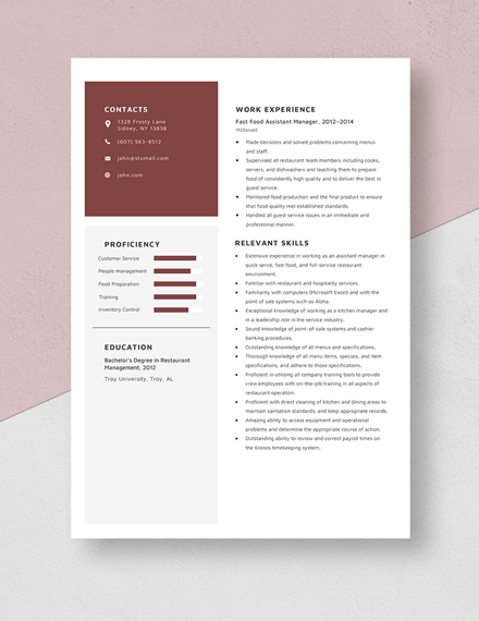 Fast Food Assistant Manager Resume Template
