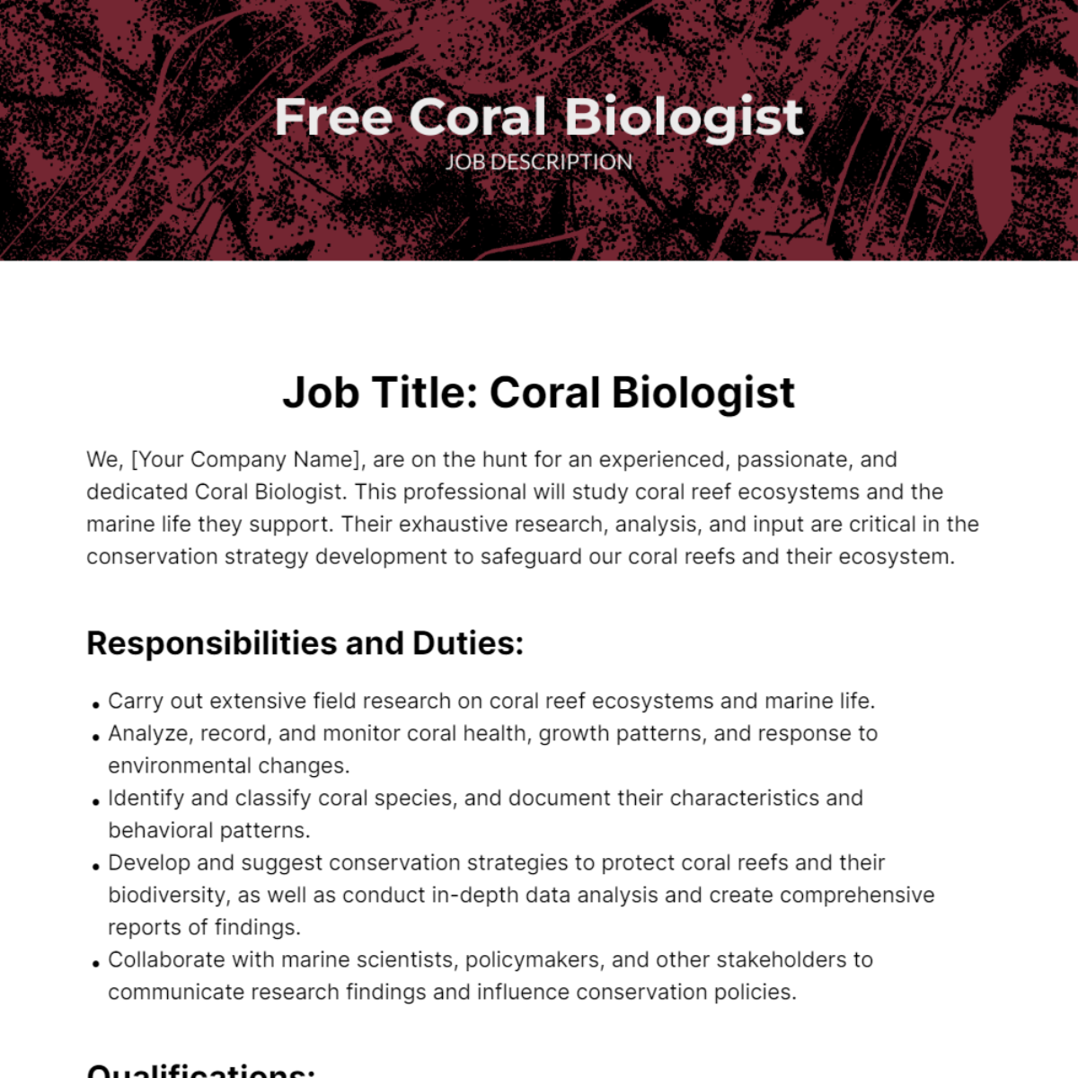 Free Coral Biologist Job Description Template