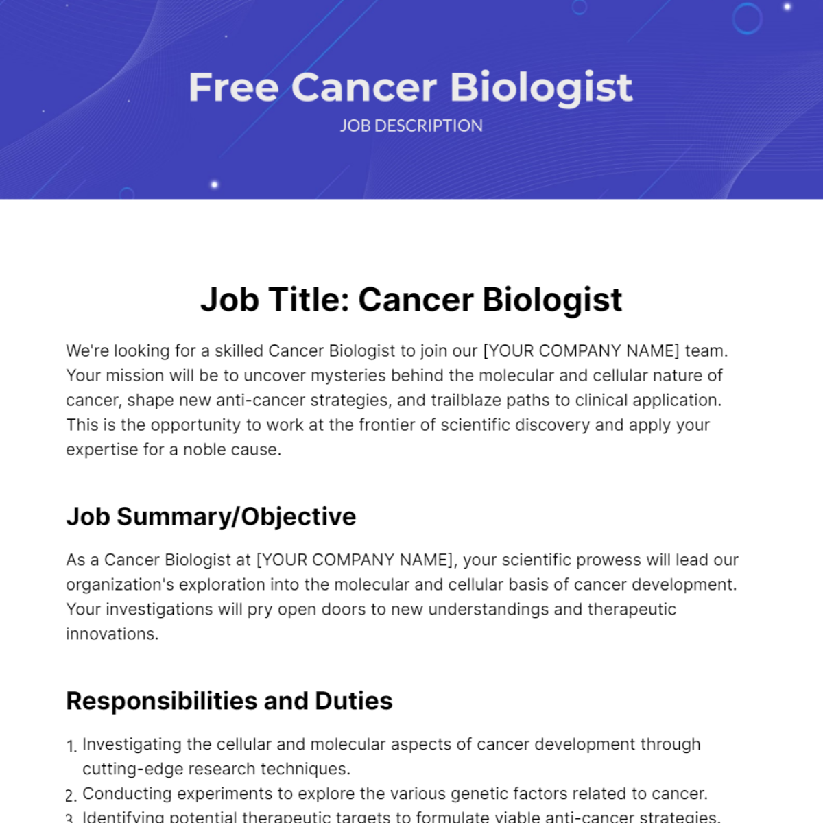 Free Cancer Biologist Job Description Template